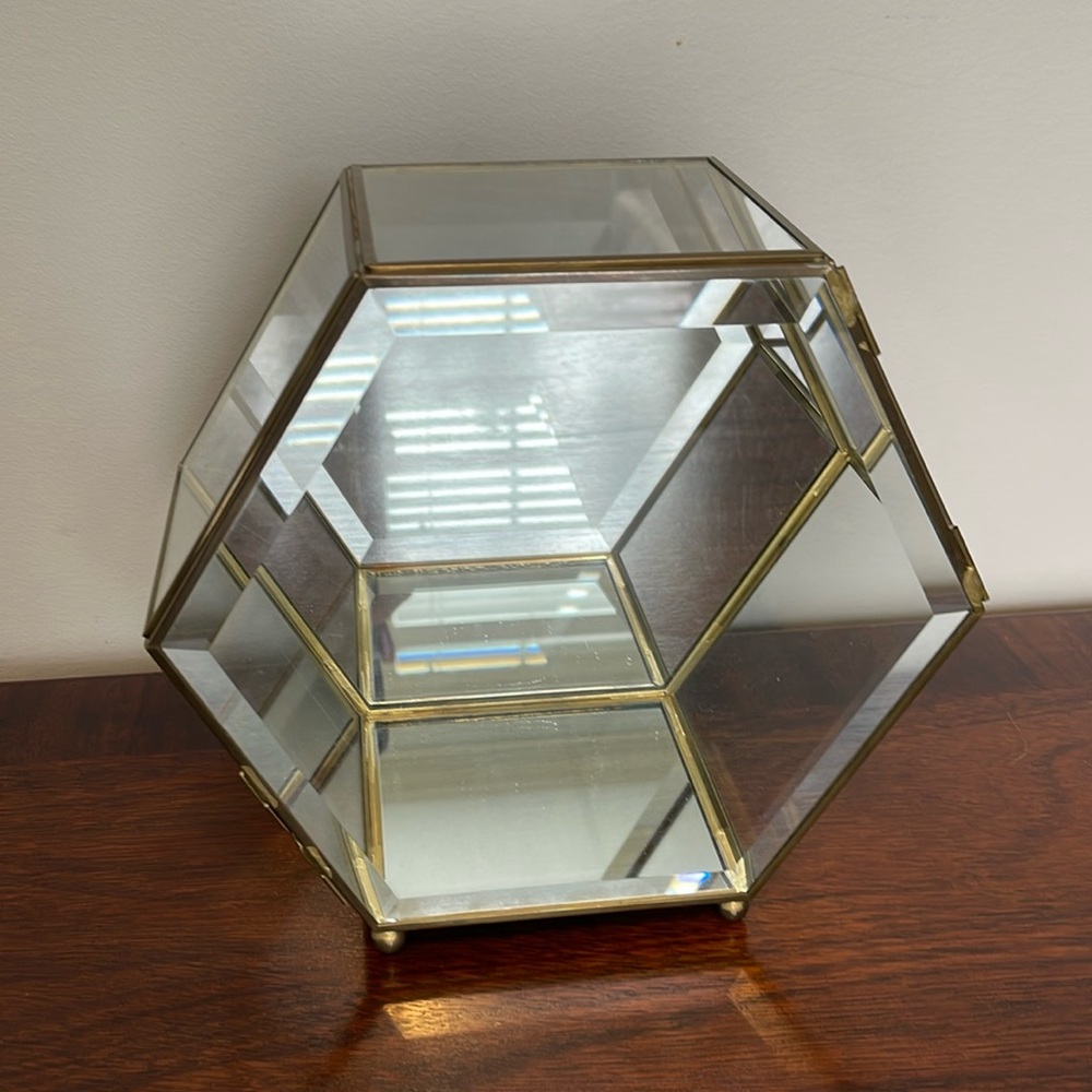Vintage Large Hexagon Brass Glass and Mirror Trinket Box 9x9x5